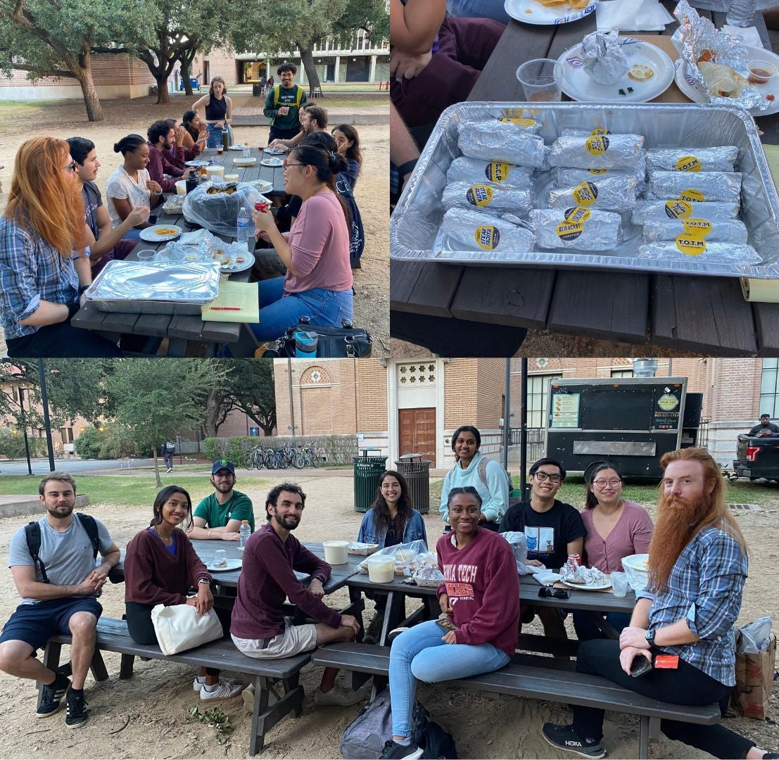 Collage of photos of students enjoying food and drinks outside